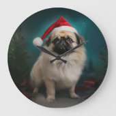 Pekingese Hund im Schnee Weihnachten Große Wanduhr (Vorderseite)