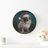 Pekingese Hund im Schnee Weihnachten Große Wanduhr (Zuhause)
