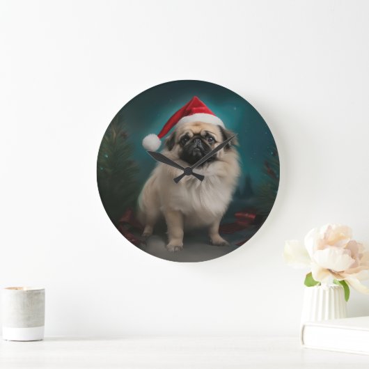 Pekingese Hund im Schnee Weihnachten Große Wanduhr (Zuhause)