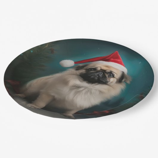 Pekingese Hund im Schnee Weihnachten Pappteller (Schrägansicht)