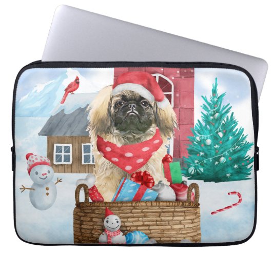 Pekingese Hund im Schnee Weihnachtshaus Laptopschutzhülle (Vorderseite)