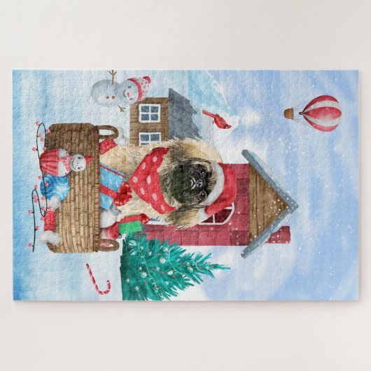 Pekingese Hund im Schnee Weihnachtshaus Puzzle (Horizontal)