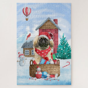 Pekingese Hund im Schnee Weihnachtshaus Puzzle