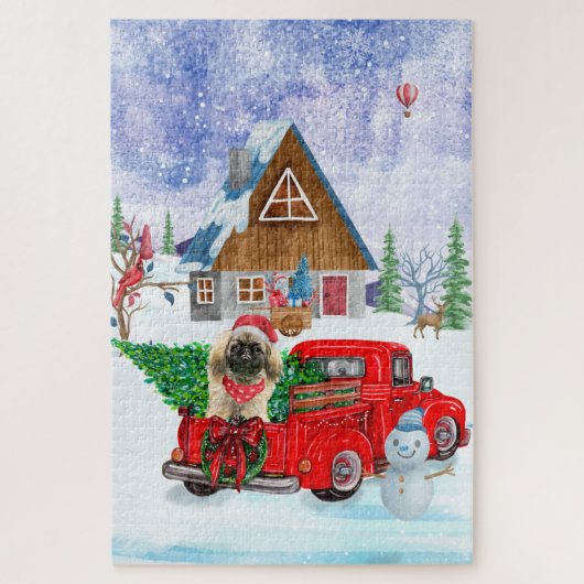 Pekingese Hund in der Weihnachtslieferung LKW Schn Puzzle (Vertikal)
