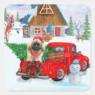Pekingese Hund in der Weihnachtslieferung LKW Schn Quadratischer Aufkleber