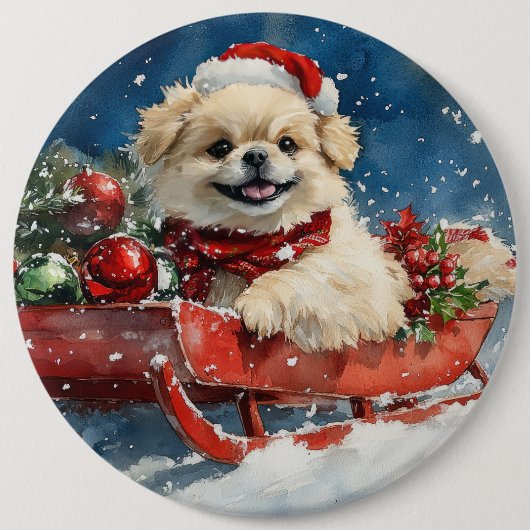 Pekingese Hund in Sledge Lass es Schnee Weihnachte Button (Vorderseite)