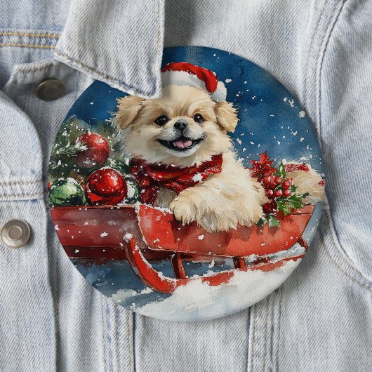 Pekingese Hund in Sledge Lass es Schnee Weihnachte Button (Beispiel)