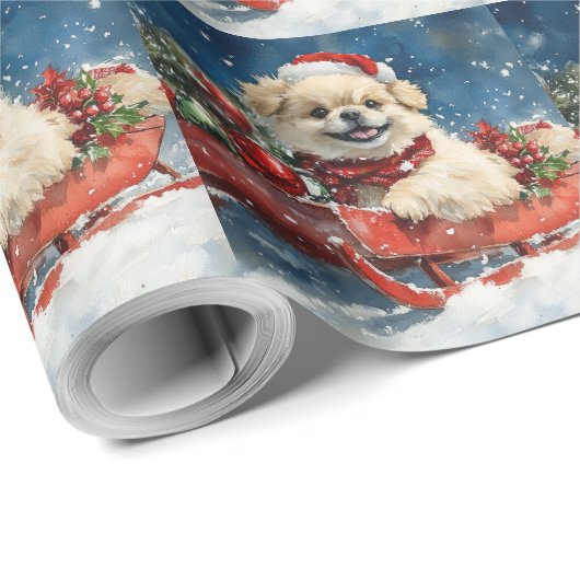 Pekingese Hund in Sledge Lass es Schnee Weihnachte Geschenkpapier (Rolleneckpunkt)