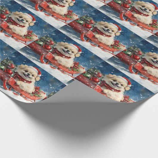 Pekingese Hund in Sledge Lass es Schnee Weihnachte Geschenkpapier (Ecke)
