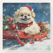 Pekingese Hund in Sledge Lass es Schnee Weihnachte Glasuntersetzer (Vorderseite)