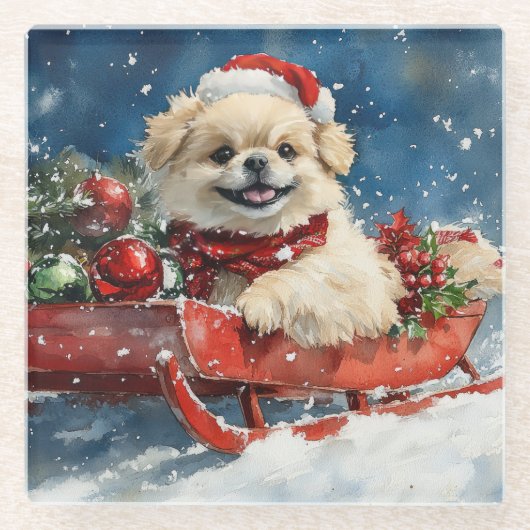 Pekingese Hund in Sledge Lass es Schnee Weihnachte Glasuntersetzer (Vorderseite)
