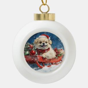 Pekingese Hund in Sledge Lass es Schnee Weihnachte Keramik Kugel-Ornament