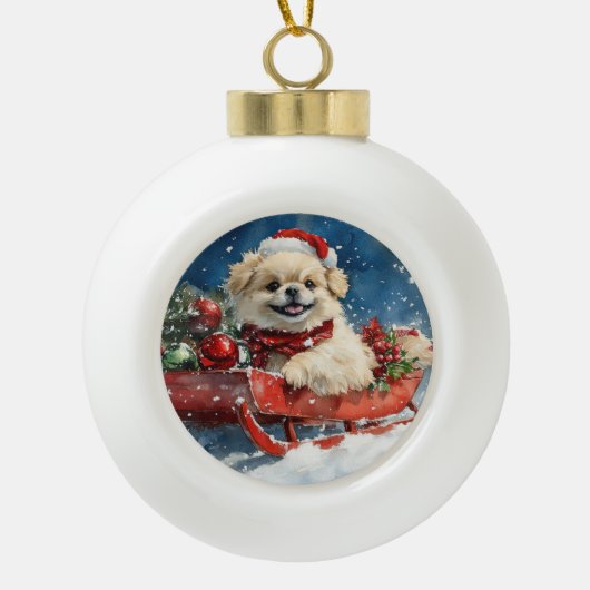 Pekingese Hund in Sledge Lass es Schnee Weihnachte Keramik Kugel-Ornament (Vorderseite)