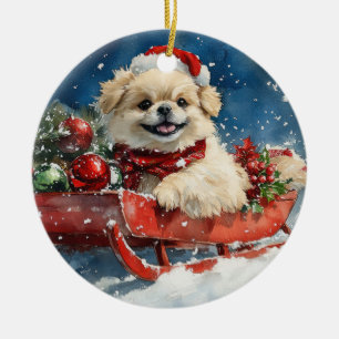 Pekingese Hund in Sledge Lass es Schnee Weihnachte Keramik Ornament
