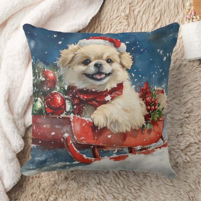 Pekingese Hund in Sledge Lass es Schnee Weihnachte Kissen (Decke)