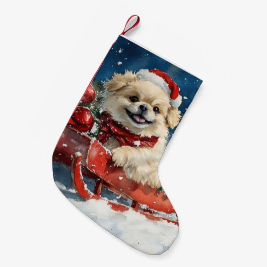 Pekingese Hund in Sledge Lass es Schnee Weihnachte Kleiner Weihnachtsstrumpf (Vorderansicht (hängend))