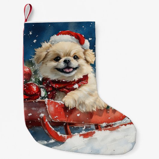 Pekingese Hund in Sledge Lass es Schnee Weihnachte Kleiner Weihnachtsstrumpf (Vorderseite)
