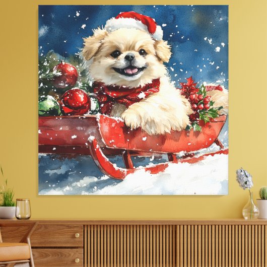 Pekingese Hund in Sledge Lass es Schnee Weihnachte Leinwanddruck (Insitu (Wohnzimmer))