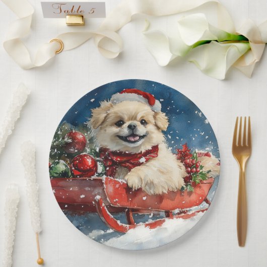 Pekingese Hund in Sledge Lass es Schnee Weihnachte Pappteller (Hochzeit)