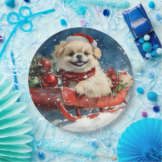 Pekingese Hund in Sledge Lass es Schnee Weihnachte Pappteller (Party)