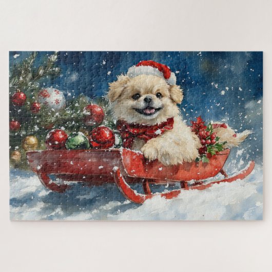 Pekingese Hund in Sledge Lass es Schnee Weihnachte Puzzle (Horizontal)