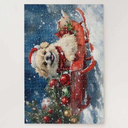 Pekingese Hund in Sledge Lass es Schnee Weihnachte Puzzle (Vertikal)