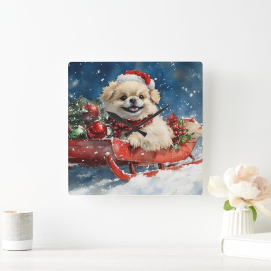 Pekingese Hund in Sledge Lass es Schnee Weihnachte Quadratische Wanduhr (Zuhause)