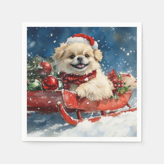 Pekingese Hund in Sledge Lass es Schnee Weihnachte Serviette (Vorderseite)