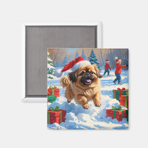 Pekingese Hund läuft im Schnee mit Weihnachtshut Magnet