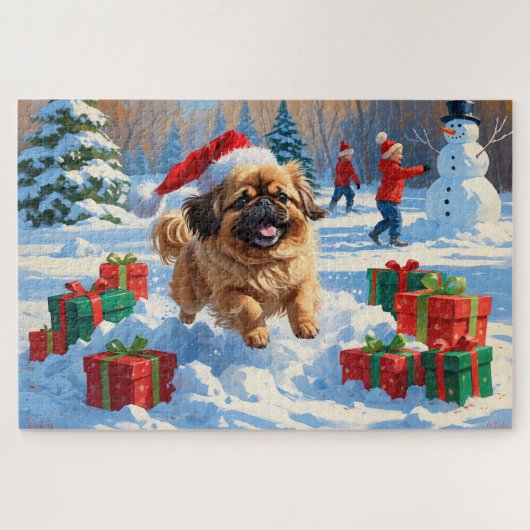 Pekingese Hund läuft im Schnee mit Weihnachtshut Puzzle (Horizontal)