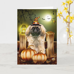 Pekingese Hund mit Hexenhut Halloween Karte