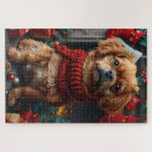 Pekingese Hund mit Weihnachtsgeschenken Feuerplatz Puzzle (Horizontal)