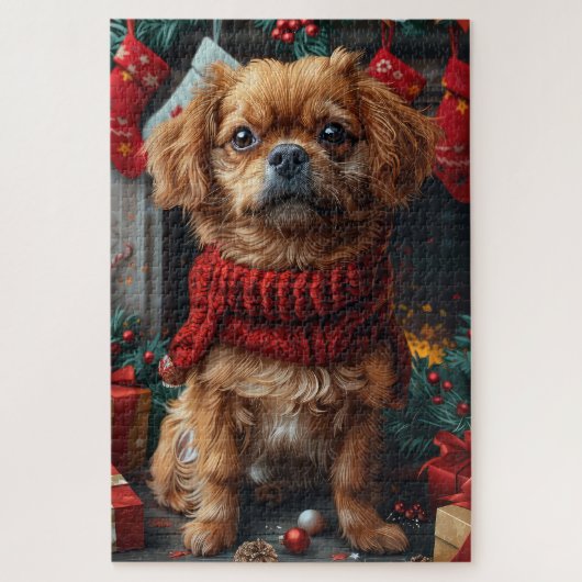 Pekingese Hund mit Weihnachtsgeschenken Feuerplatz Puzzle (Vertikal)