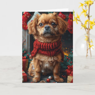 Pekingese-Hund mit Weihnachtsgeschenken-Kamin Karte