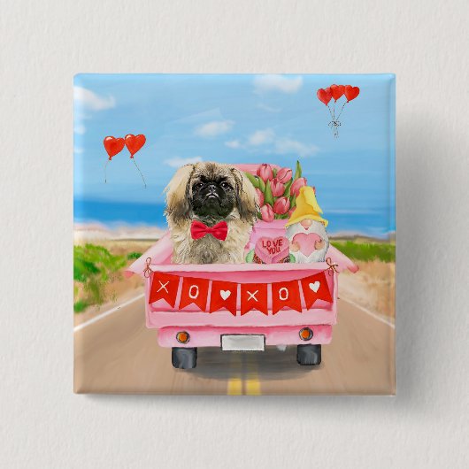 Pekingese Hund Valentinstag Lkw Herz Button (Vorderseite)