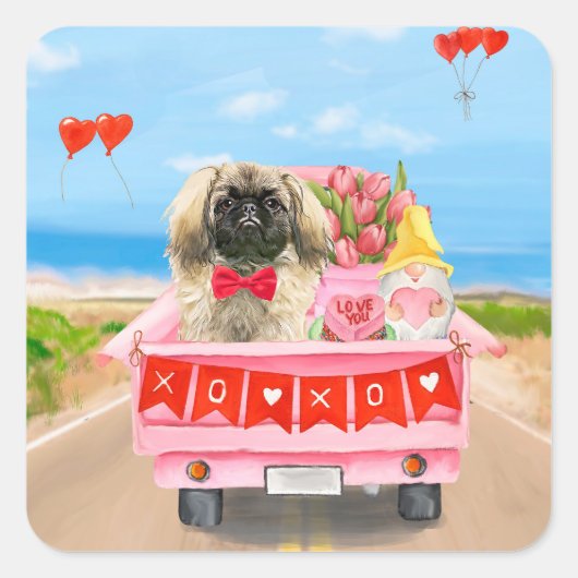 Pekingese Hund Valentinstag Lkw Herz Quadratischer Aufkleber (Vorderseite)