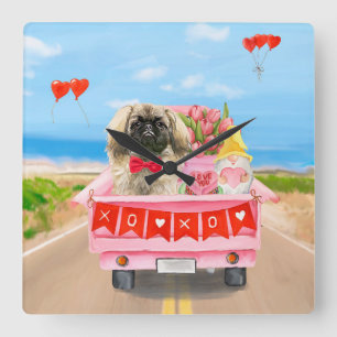 Pekingese-Hund Valentinstag-LKW-Herzen Quadratische Wanduhr