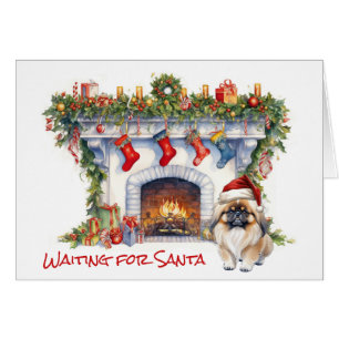 Pekingese Hund warten auf Santa Fireplace