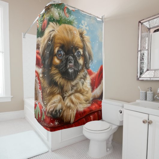 Pekingese Hund Weihnachten Duschvorhang (Beispiel)