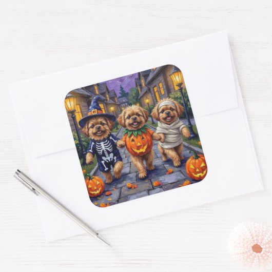 Pekingese Hunde Trick-oder-Treating Halloween-Kost Quadratischer Aufkleber (Umschlag)