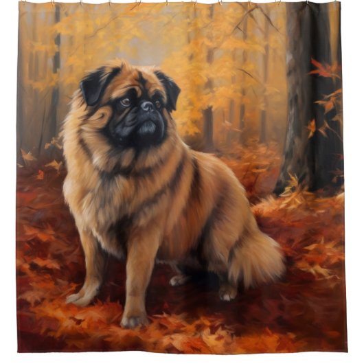 Pekingese im Herbst Leaves Fall Inspiriert Duschvorhang (Vorderseite)
