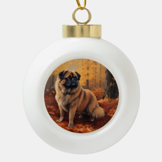 Pekingese im Herbst Leaves Fall Inspiriert Keramik Kugel-Ornament (Vorderseite)