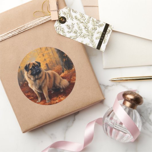 Pekingese im Herbst Leaves Fall Inspiriert Runder Aufkleber (Schenken)