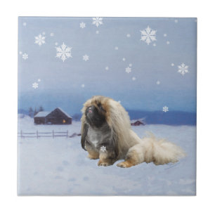 Pekingese im Winter Fliese
