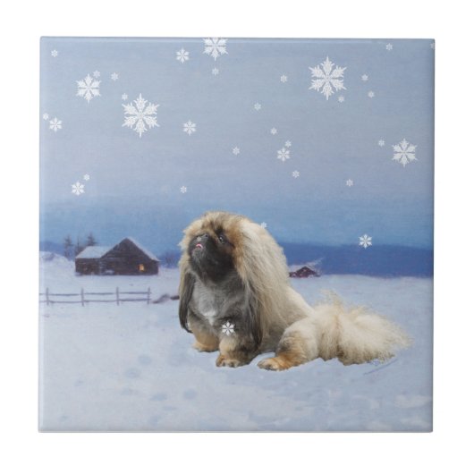 Pekingese im Winter Fliese (Vorderseite)