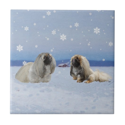 Pekingese im Winter Fliese (Vorderseite)