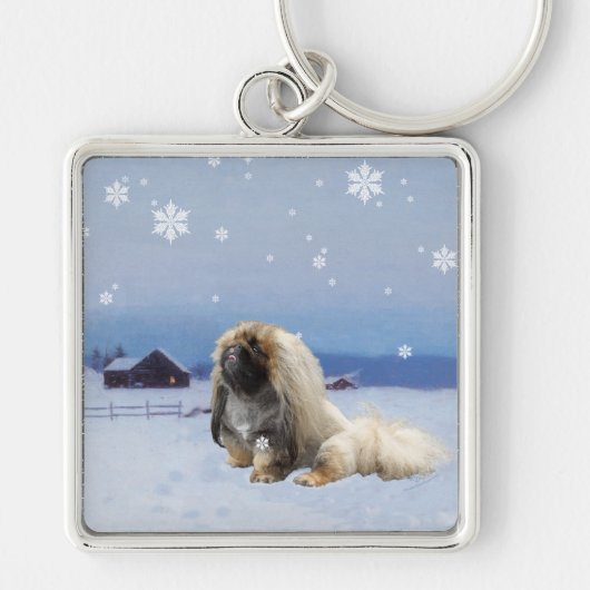 Pekingese im Winter Schlüsselanhänger (Vorne)
