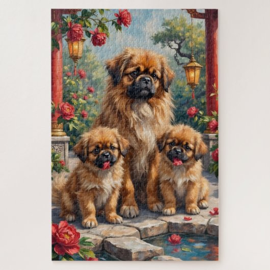 Pekingese Imperial Pfingstrosengarten Kunst Puzzle (Vertikal)