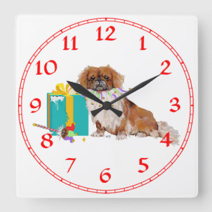 Pekingese in a Party Mood Quadratische Wanduhr