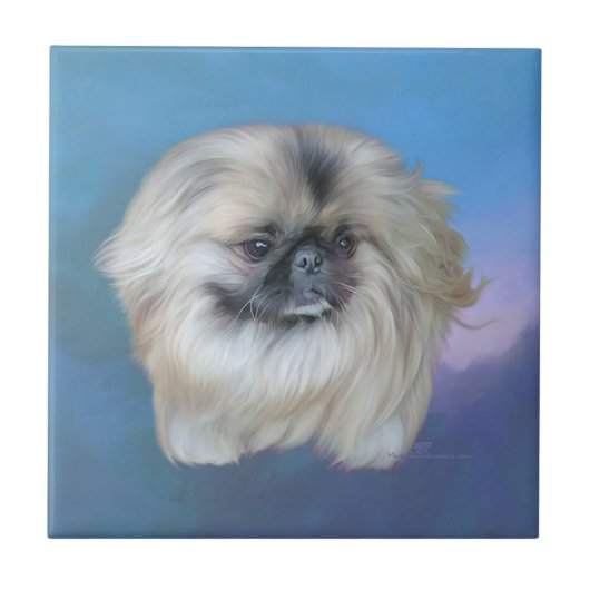 Pekingese Lily on Blue Fliese (Vorderseite)